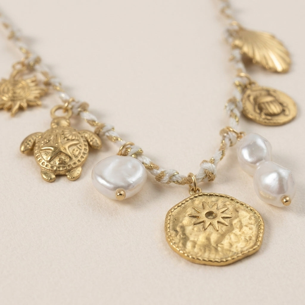 Gouden Munt & Parel Bedel Ketting